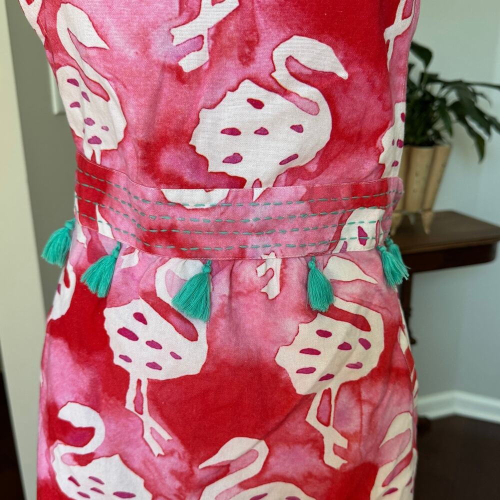 ANTHROPOLOGIE Apron Pink Flamingo Print 100% Cotton Tassels - Picture 6 of 11